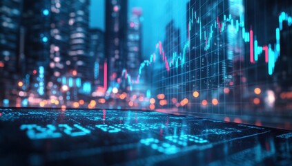 A stock market scene with a city background and numbers, the text, in a blue color theme, set at night Generative AI