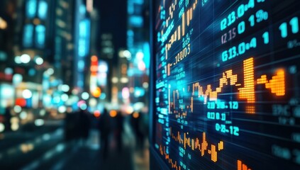 A stock market background with the numbers in large letters, displaying various candlestick patterns and other financial data on digital screens Generative AI