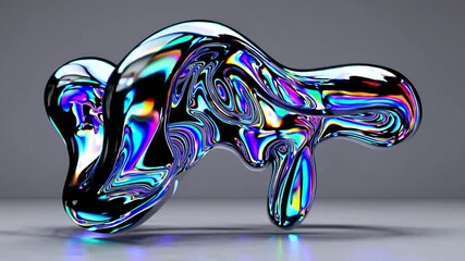 Wall Mural - a surreal iridescent liquid metallic abstract shape with smooth reflective surfaces and a gradient o
