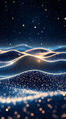 Poster - Abstract background with golden particles flowing and forming digital waves under a starry sky, creating a magical and festive atmosphere