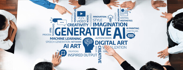 Fototapete - A diverse group of hands pointing at a collaborative table filled with words related to generative AI and digital art, showcasing creativity, technology, and innovation. Amity