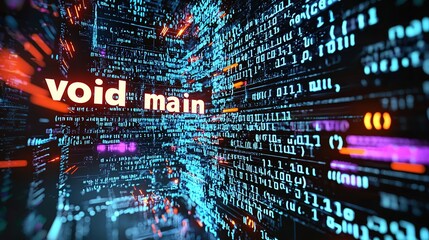 modern programming code with void main function displayed on a vibrant digital screen
