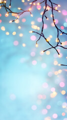 Aufkleber - Glowing string lights casting soft bokeh against pastel blue background, evoking warm festive mood