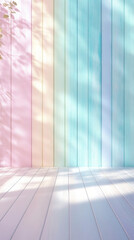 Fototapete - Empty room with pastel colored wooden wall and white wooden floor with projected shadows, perfect background for product placement