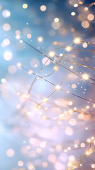 Poster - Glowing string lights casting soft bokeh against pale blue background, evoking festive mood and celebratory atmosphere