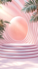 Aufkleber - Pink layered pedestal podium with palm tree and round frame background showcasing a product displaying area, ideal for beauty and cosmetic products
