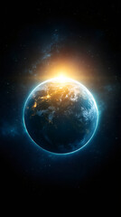 Poster - Space view capturing sunrise illuminating Earth, glowing city lights sparkling against dark planetary hemisphere
