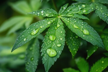 Poster - Fresh green leaves covered in water droplets showcasing nature's beauty in a serene indoor setting during daylight