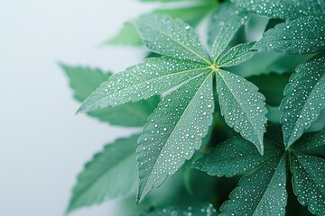 Poster - Fresh green leaves covered in water droplets showcasing nature's beauty in a serene indoor setting during daylight