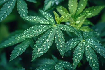 Poster - Fresh green leaves covered in water droplets showcasing nature's beauty in a serene indoor setting during daylight