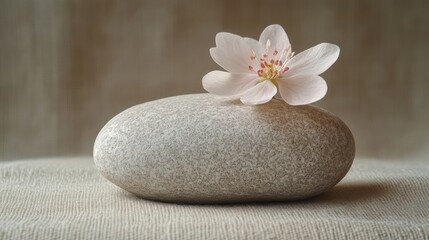 Aufkleber - Gentle petal resting on smooth stone creates a serene and calming atmosphere in a minimalist setting