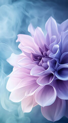 Poster - Purple dahlia blossom glowing through misty blue backdrop, soft petals radiating elegant, ethereal beauty with delicate luminescence