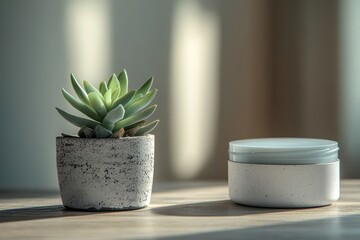 Poster - Natural skincare product beside a potted plant with sunlight casting gentle shadows indoors