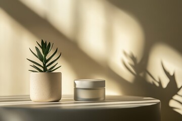 Poster - Natural skincare product beside a potted plant with sunlight casting gentle shadows indoors