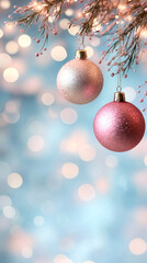 Leinwandbilder - Delicate pink, white christmas ornaments dangling from pine branch, soft blue bokeh backdrop highlighting seasonal elegance
