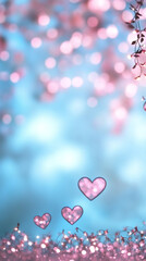 Leinwandbilder - Pink hearts floating over soft blue backdrop with blurred fairy lights, generating romantic, dreamy visual effect