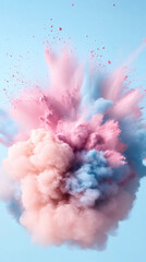 Aufkleber - Pink and blue powder particles exploding and creating a colorful cloud on a light blue background, capturing the dynamic energy of the burst