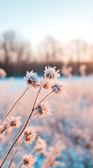 Aufkleber - Delicate thistle covered in sparkling hoarfrost, illuminating winter landscape with soft golden sunrise light