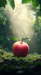 Aufkleber - Vibrant red apple resting on emerald moss, glistening with dewdrops amid sunlight filtering through verdant forest canopy