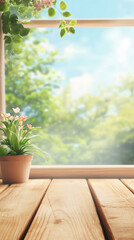 Poster - Empty wooden table with flower pot near window overlooking green trees and blue sky, perfect for product placement