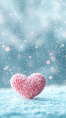 Aufkleber - Soft pink heart resting on snowfield, surrounded by falling snowflakes and blurred winter light background