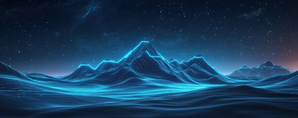 Wall Mural - a futuristic landscape with glowing blue lines and mountains under a starry night sky.