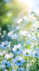 Fototapete - Delicate white cosmos blossoming, radiating subtle elegance among lush green garden foliage bathed in warm summer sunlight