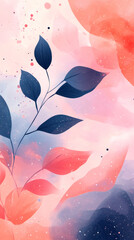 Aufkleber - Vibrant blue, red leaves blooming over painterly abstract background, providing spacious creative design area for graphic projects