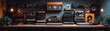 © Tichakon - a collection of vintage music studio equipment arranged on a wooden shelf in a home studio, with a dark background. There's a retro feel with a collection of speakers, a mixer.
