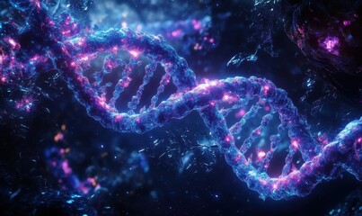 Wall Mural - abstract concept of glowing dna strands on a dark background, vibrant blue and purple tones highligh
