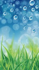 Aufkleber - Verdant grass blades beneath translucent water droplets, soft bokeh blurring background, capturing delicate natural freshness