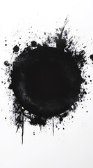 Leinwandbilder - Black paint splashes on a white background, forming a central circular shape surrounded by splatters and drips