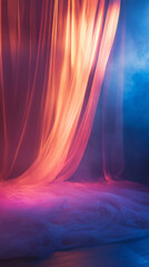 Fototapete - Translucent curtains diffusing vibrant orange, blue illumination, generating soft, abstract luminous texture