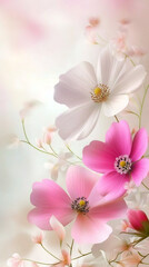 Aufkleber - Delicate pink and white cosmos blossoming, presenting soft-hued petals intertwining with ethereal pastel landscape