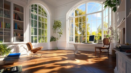 Wall Mural - bright and airy home office with large windows and natural light in a serene garden setting
