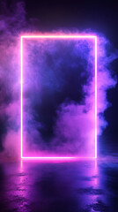 Poster - Glowing rectangular frame illuminating purple smoke in a dark room, creating a mysterious and futuristic atmosphere