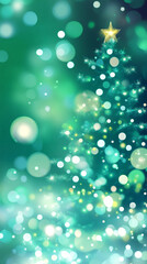 Poster - Golden star illuminating stylized christmas tree against blurred green bokeh background
