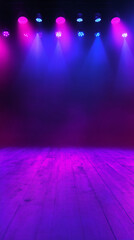 Fototapete - Empty wooden stage illuminated by blue and purple spotlights creating a vibrant and dramatic atmosphere