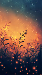 Wall Mural - Magical fireflies illuminating plants during twilight under a starry sky, creating a dreamy and enchanting atmosphere