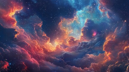 A vibrant cosmic tapestry with swirling celestial clouds and glittering stars.