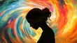 © Elkhan Babayev - A woman feels overwhelmed and depressed. She has a headache and her silhouette is surrounded by swirling colors, representing the swirling emotions and thoughts in her head.