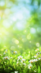 Poster - White daisies blooming in green grass during sunny spring morning, creating idyllic natural background