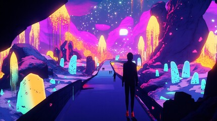 Poster - Surreal dopamine city where glowing neon streets light up based on the achievements of the people walking through them rewarding every step