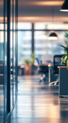 Poster - Open space office interior with desks and glass partitions, blurred background with warm sunset light