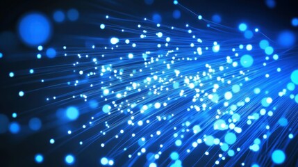A background of illuminated fiber optics and digital technology blue circuit boards, quantum computing networks, and electronic global intelligence.