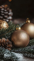Aufkleber - Christmas still life with golden christmas balls, pine branches and pine cones covered with snow