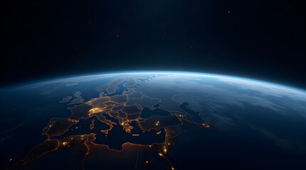 Wall Mural - Dramatic Night Earth View Europe Mediterranean City Lights from Space