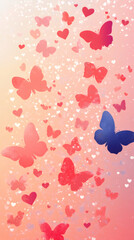 Aufkleber - Romantic background with colorful butterflies and small hearts flying on a pink and orange gradient