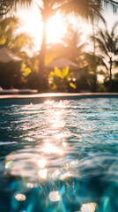 Poster - Sunset golden rays gleaming across tropical pool surface, casting warm, serene luxury vibes during twilight hours