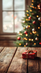 Aufkleber - Gift resting on rustic wooden surface, decorated Christmas tree softly glowing near frost-covered window